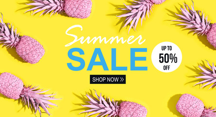 Summer sale with painted pineapples on a vivid yellow background
