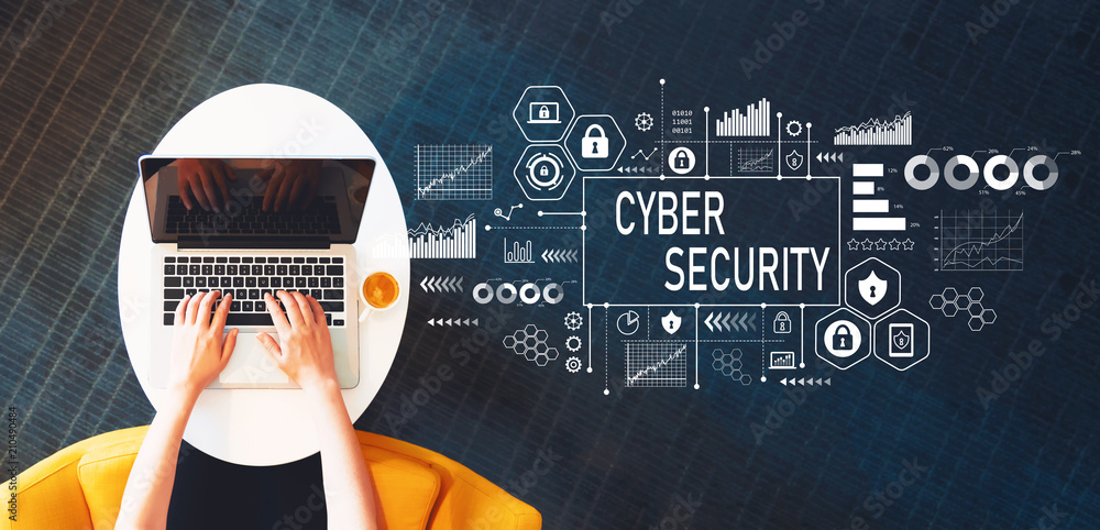 Poster cyber security with person using a laptop on a white table