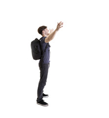 travel man  posing with raised hands isolated on white background.