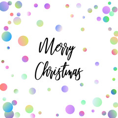 Merry Christmas illustration with random, chaotic, scattered colorful circles with calligraphic text on white background.