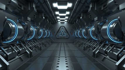 Blue light corridors interior design , sci-fi spaceship Future concept. 3D Rendering