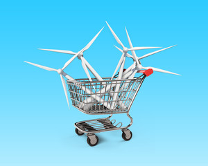 Wind turbines in shopping cart, 3D illustration