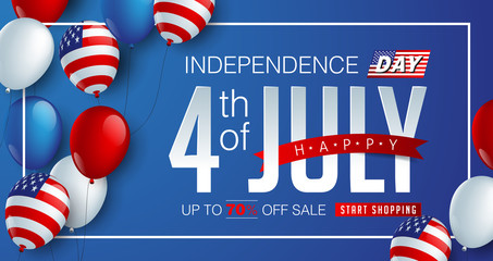 Independence day USA sale promotion banner template american balloons flag and Colorful Fireworks decor.4th of July celebration poster template.fourth of july voucher discount.Vector illustration .