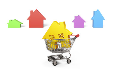 Golden house in shopping cart, 3D illustration