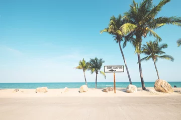 Fototapeten Landschaft der Kokospalme am tropischen Strand im Sommer. Strandzeichen für Surfgebiet. Farbfilter mit Vintage-Effekt. © jakkapan