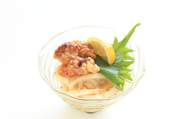 Japanese food, fried chicken and cold udon noodles