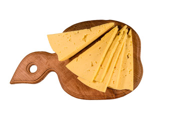 Cutting board with chopped cheese isolated on white background