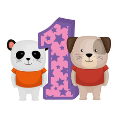 cute number one with bear panda and dog characters vector illustration design
