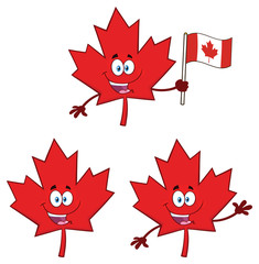 Canadian Red Maple Leaf Cartoon Mascot Character Set 1. Vector Collection Isolated On White Background