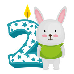 cute number two candle with rabbit character vector illustration design