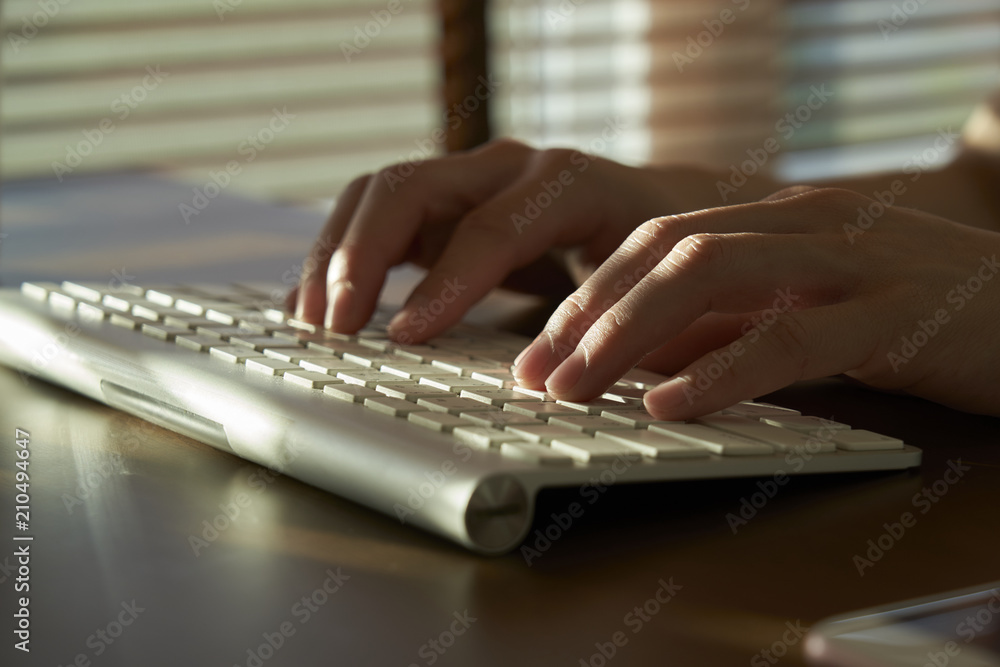 Poster hand typing keyboard. searching browsing internet data information.