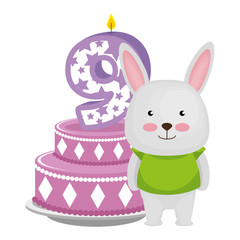 cute number nine candle with rabbit and cake vector illustration design
