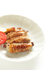 Chinese food, sesame seed grilled honey chicken