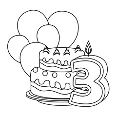 number three candle with cake and balloons helium vector illustration design