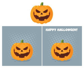 Evil Halloween Pumpkin Cartoon Emoji Face Character With Expression. Vector Collection With Background