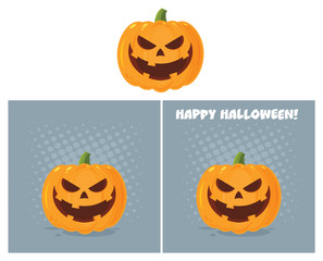 Evil Halloween Pumpkin Cartoon Emoji Face Character With Expression. Vector Collection With Background