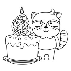 cute number six candle with cake and raccoon vector illustration design
