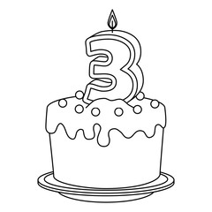 cute number three candle with sweet cake vector illustration design