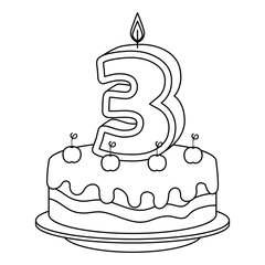 cute number three candle with sweet cake vector illustration design