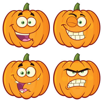 Pumpkin Vegetables Cartoon Emoji Face Character Set 1. Vector Collection Isolated On White Background