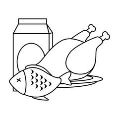 chicken and fish meat with milk box vector illustration design
