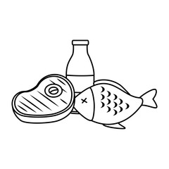 delicious fish meat with steak and milk vector illustration design