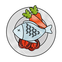 delicious fish meat with carrots and tomatoes vector illustration design