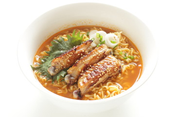 Chinese food, sesame chicken wing on ramen noodles