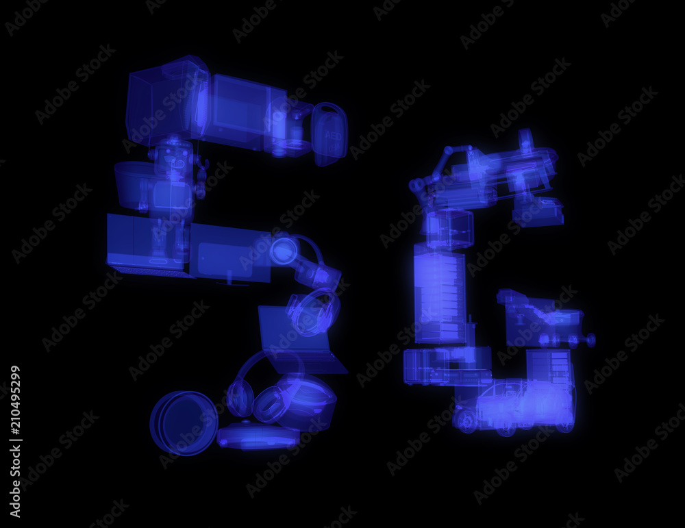 Aufkleber smart appliances, drone, autonomous vehicle and robot arranged in '5g' text. x ray shade in black ba