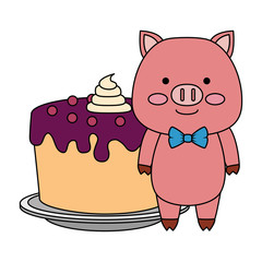 cute pig with sweet cake character icon vector illustration design