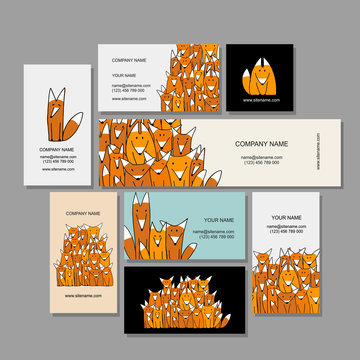 Business cards design, funny fox family