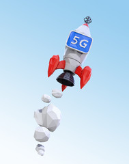 Launch polygonal rocket with monitor in blue sky. 5G concept. 3D rendering image.