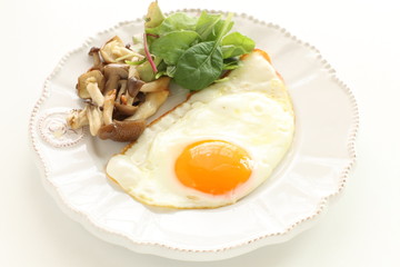 Sunny side up fried egg served with shimeji mushroom sauteed