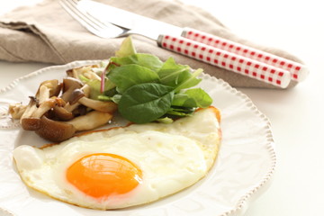 Sunny side up fried egg served with shimeji mushroom sauteed