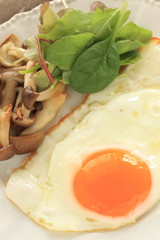 Sunny side up fried egg served with shimeji mushroom sauteed