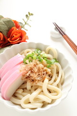 Japanese food, Katsuobushi and kamaboko on cold udon noodles