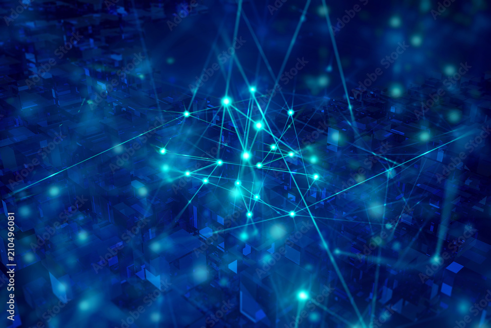Poster glass cube digital abstract with glow line 3d illustration for network concept