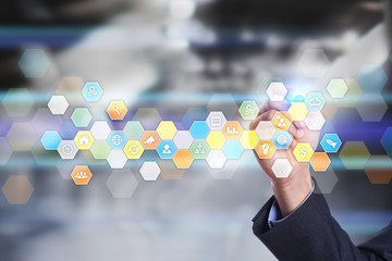 Colored applications icons and graphs on virtual screen. Business, internet and technology concept.