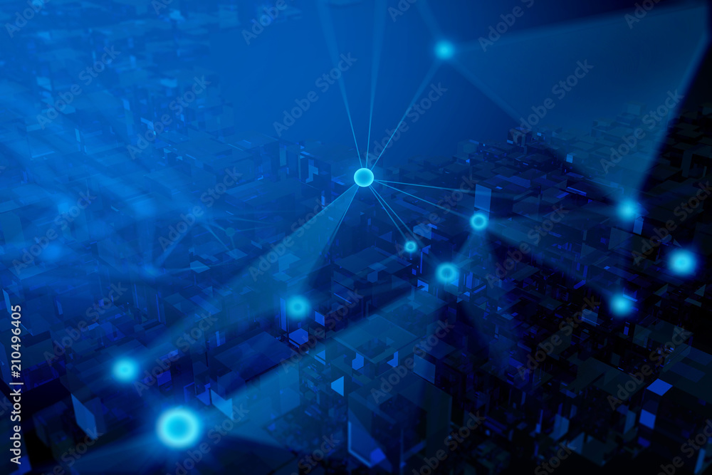 Poster glass cube digital abstract with glow line 3d illustration for network concept