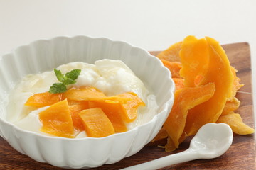 dried mango and mint on yogurt
