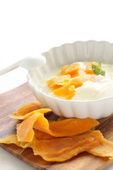 dried mango and mint on yogurt