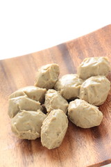 Asian food ingredient, sardines fish ball on wooden plate