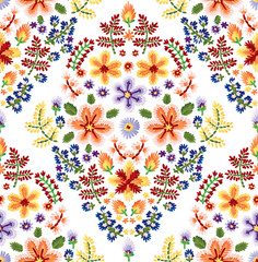Vector seamless embroidery pattern, decorative textile ornament, pillow decor. Bohemian handmade style background design. - 210497079