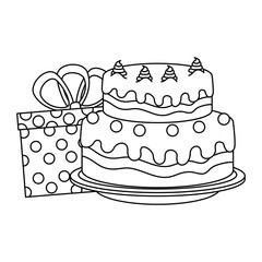 sweet and delicious cake with gifts presents vector illustration design