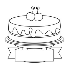 sweet and delicious cake with cherries and ribbon vector illustration design