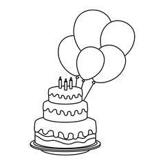delicious cake with candles and balloons helium vector illustration design