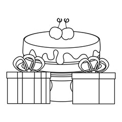 sweet and delicious cake with gifts presents vector illustration design