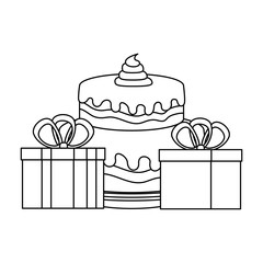 sweet and delicious cake with gifts presents vector illustration design