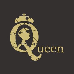 Vintage queen silhouette. Medieval queen profile. Elegant silhouette of a female head. Short hair. Royal emblem with Q letter. Silhouette textured by lines and dots pattern