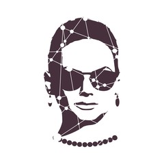 Portrait of beautiful woman wearing sunglasses. Front view. Silhouette textured by lines and dots pattern